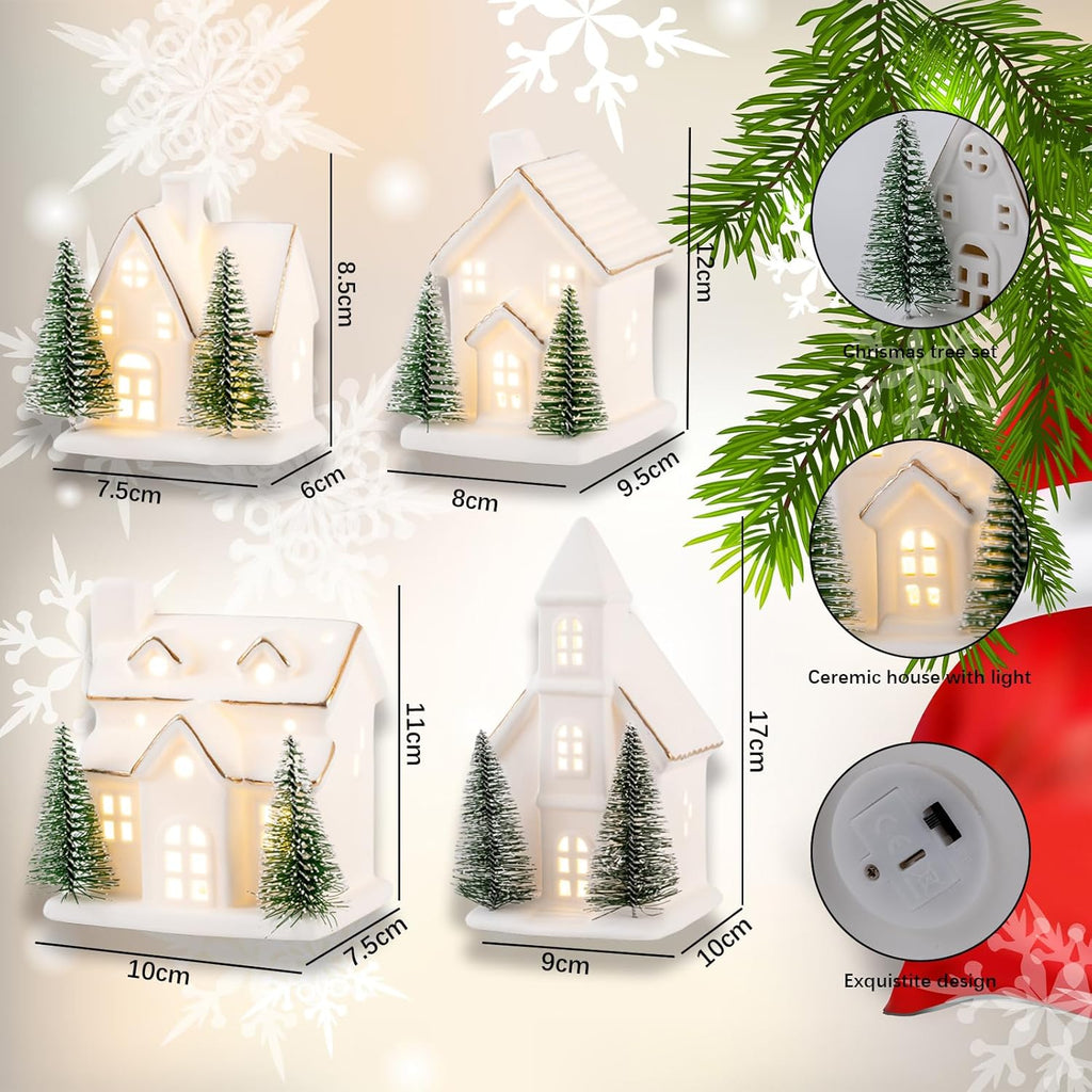 Skiennix Ceramic Christmas Village Set - 4 Pcs LED Porcelain Houses with Xmas Trees | White Snow Scene Decor