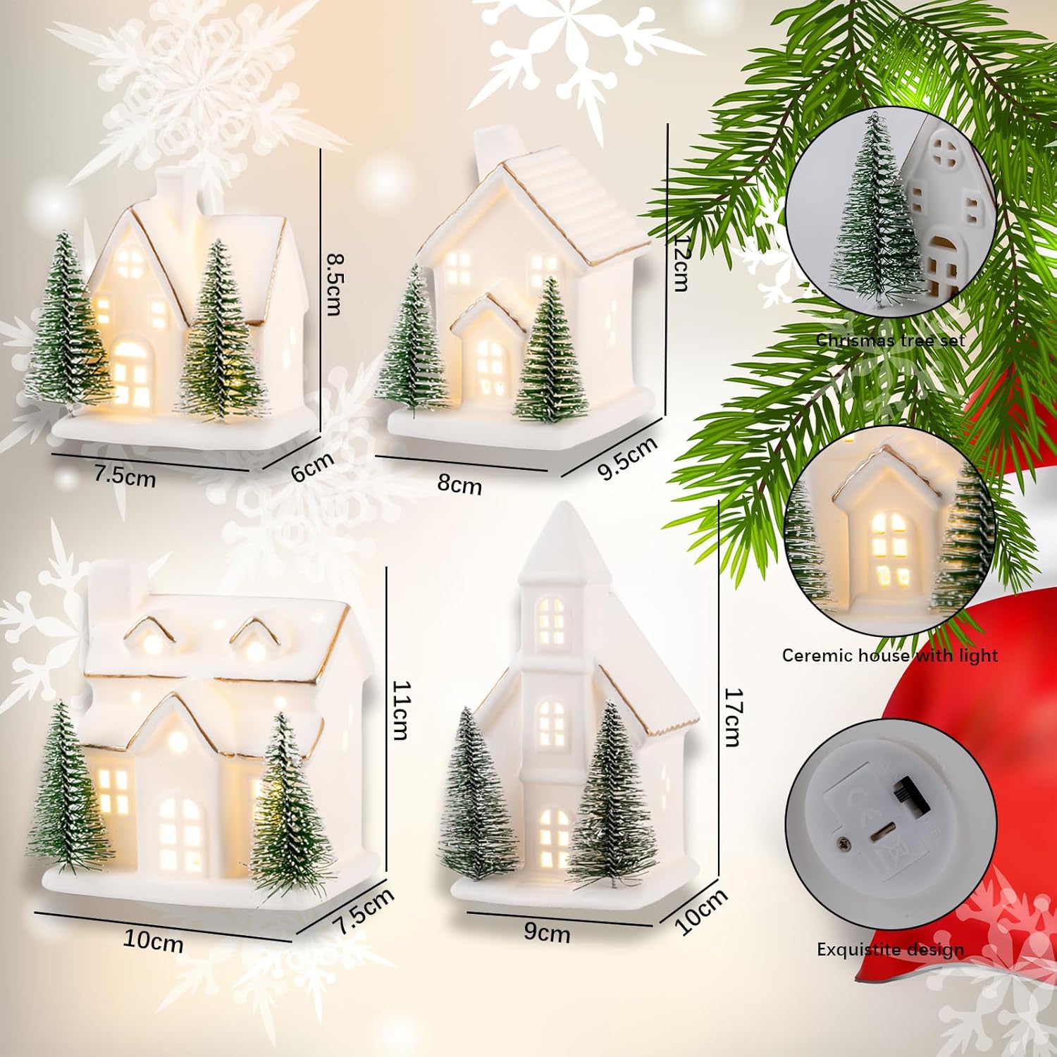 Skiennix Ceramic Christmas Village Set - 4 Pcs LED Porcelain Houses with Xmas Trees | White Snow Scene Decor