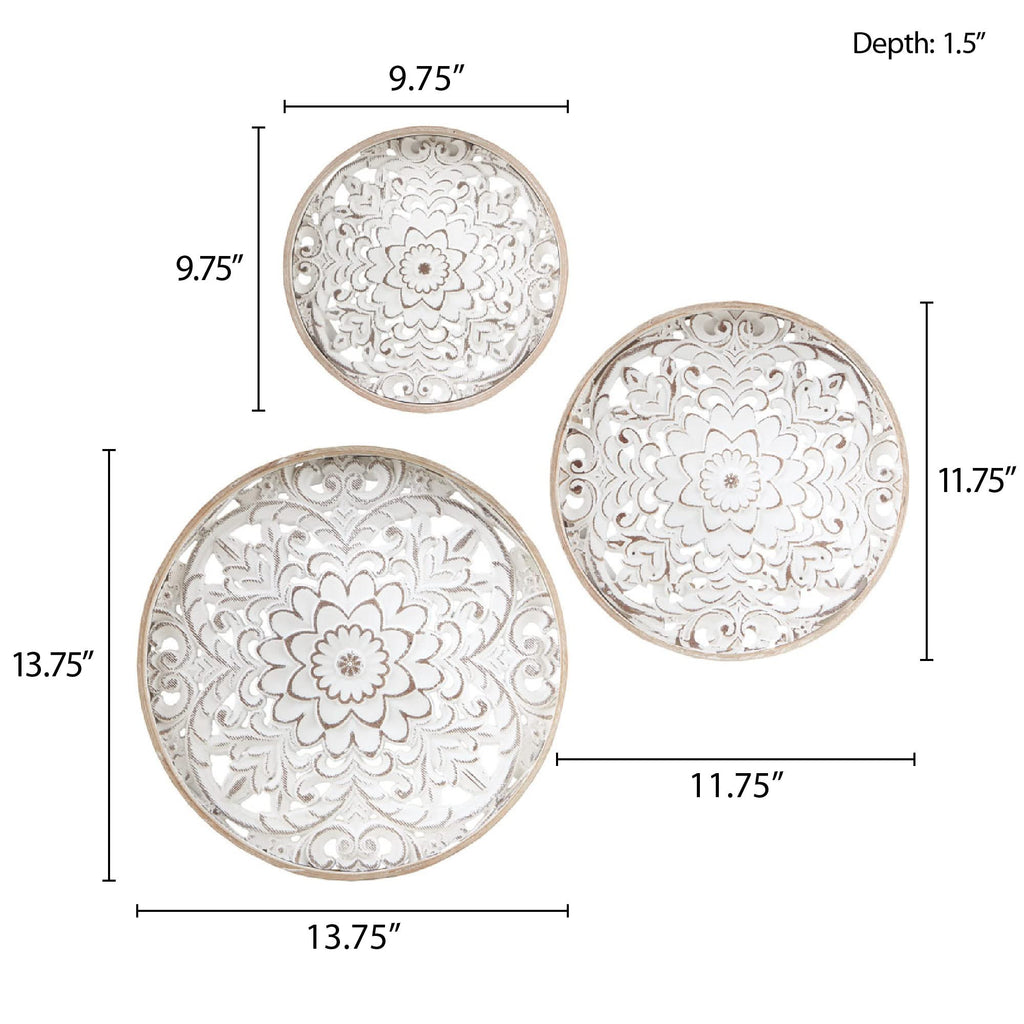 Madison Park Wall Art Living Room Décor - Medallion Trio Real Fir Wood Round Design, Home Accent Modern Kitchen Dining Decoration, Ready to Hang Panel for Bedroom, Multi-Sizes, Natural/White 3 Piece