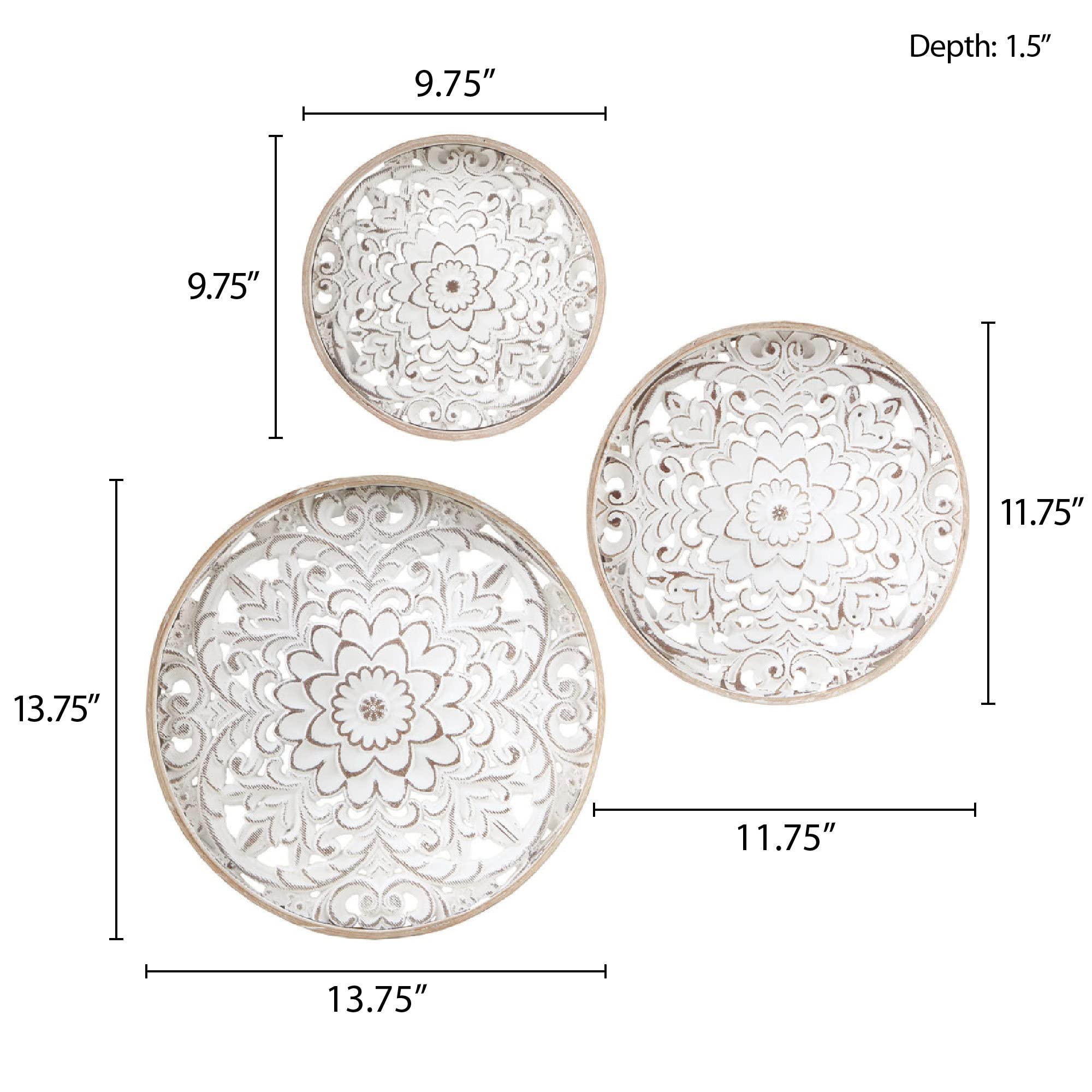 Madison Park Wall Art Living Room Décor - Medallion Trio Real Fir Wood Round Design, Home Accent Modern Kitchen Dining Decoration, Ready to Hang Panel for Bedroom, Multi-Sizes, Natural/White 3 Piece