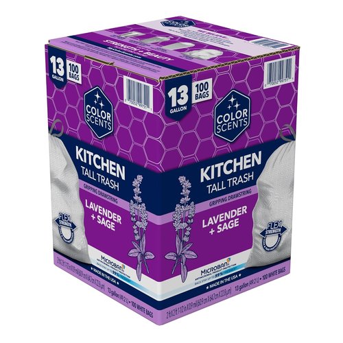 Color Scents Tall Kitchen Trash Bags - 13 Gallon, Drawstring, Lavender & Sage Scented | 100 Count