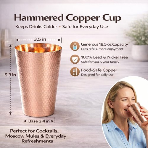 CigeZaus 18.5 Ounce Pure Copper Cups for Drinking, 100% Copper Heavy Tumbler for Decorations, Hammered