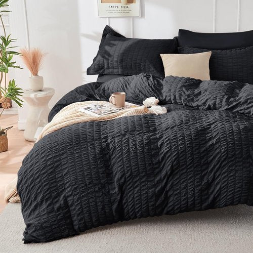 HYMOKEGE King Size Comforter Set - Luxury 7-Piece Seersucker Bedding in Black for All Seasons