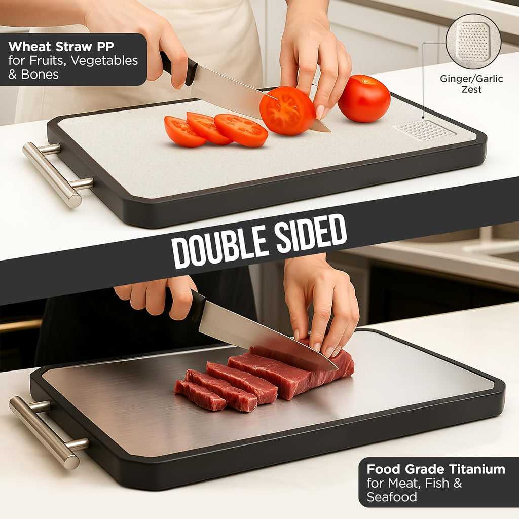 Titanium Cutting Board - Double-Sided Metal Kitchen Board with Scraper | 16” x 11” Large Prep Surface