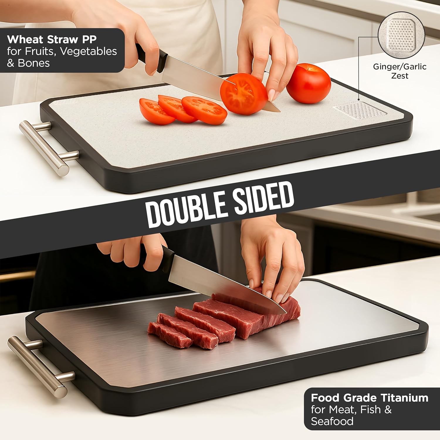 Titanium Cutting Board - Double-Sided Metal Kitchen Board with Scraper | 16” x 11” Large Prep Surface