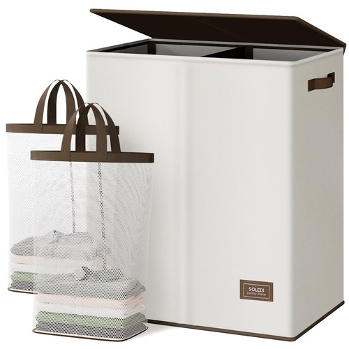 SOLEDI Luxury Double Laundry Hamper with Lid and Removable Bags, Large Hamper for Laundry, Laundry Basket 2 Sections, Collapsible Ditry Clothes Hamper for Bedroom, Laundry Room, Bathroom, Off-white