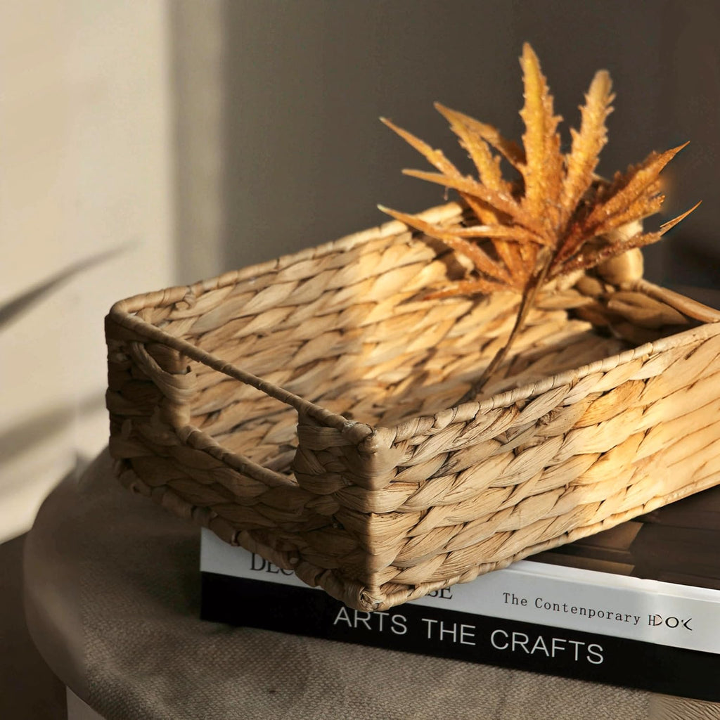 Water Hyacinth Storage Basket - Small Rustic Woven Organizer with Handle for Home & Office Decor