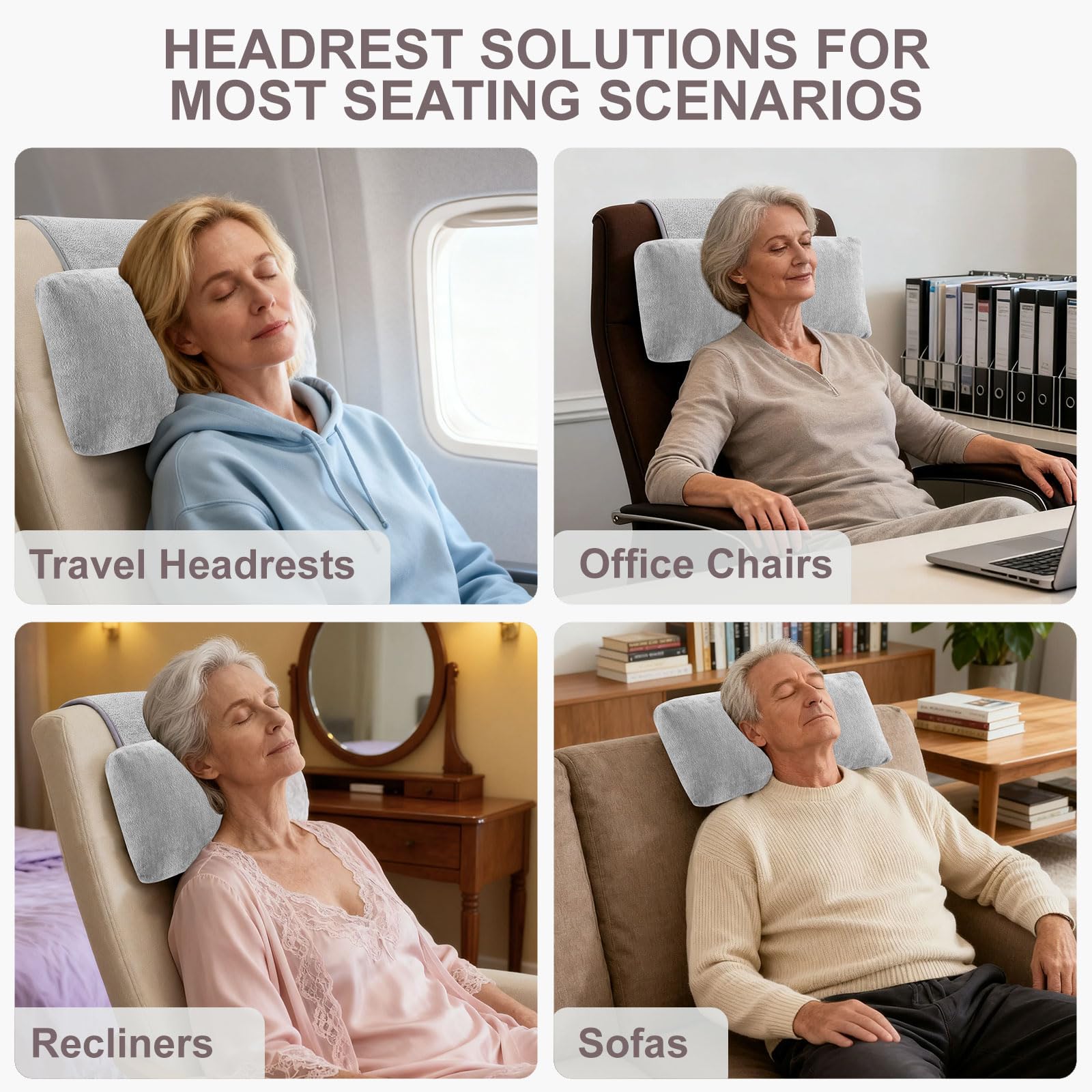 kisswish Chenille Neck Pillow for Sofa - Adjustable Headrest, Non-Slip Neck Support Cushion for Pain Relief, Comfortable Chair Pillow, Grey