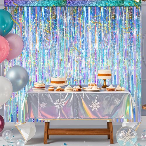 Iridescent Foil Fringe Curtain by [Brand Name] - Neon Holographic Tinsel Backdrop for Parties | 2 Packs