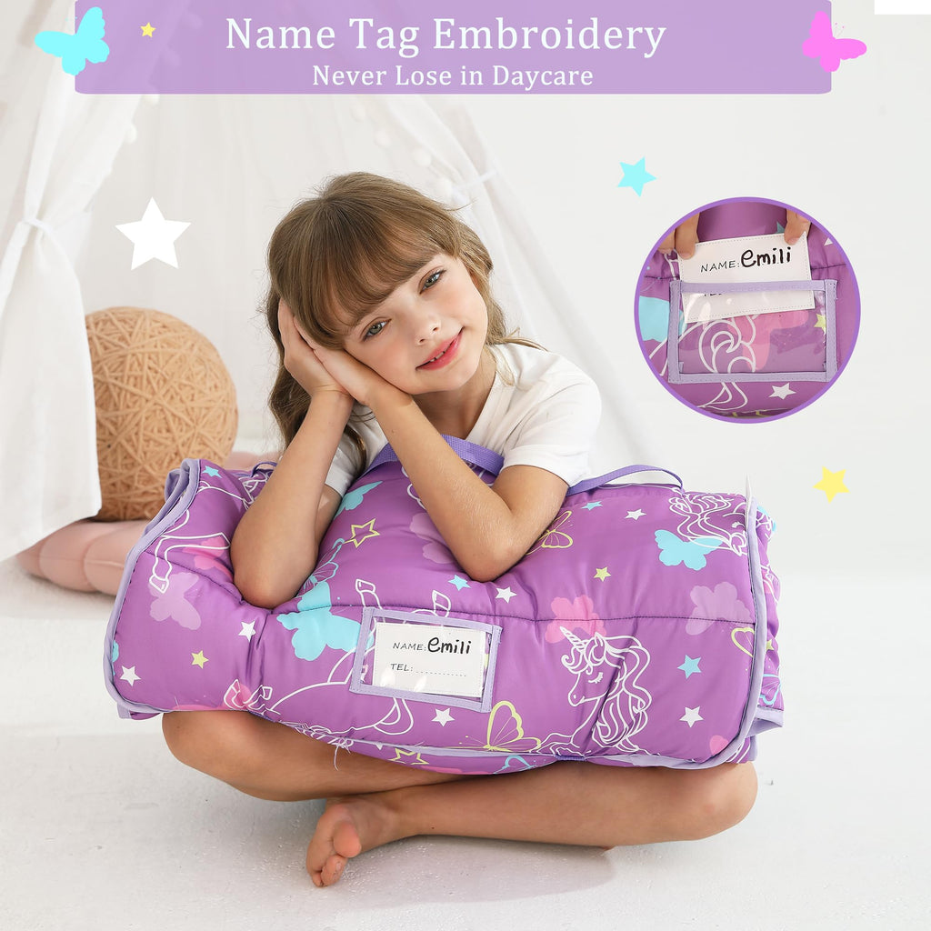 Toddler Nap Mat for Preschool 50''x30'' Sleeping Mat with Removable Pillow and Minky Blanket for Kids Ages 3-7 Roll Up Soft Sleeping Bag for Boys Girls Kindergarten Daycare Sleepover - Purple Unicorn