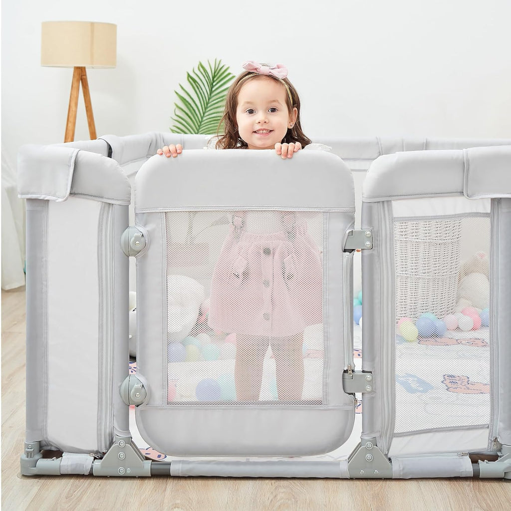 Sweeby Foldable Baby Playpen - Extra Large 79x71 Play Yard with Door & Mat | Light Grey