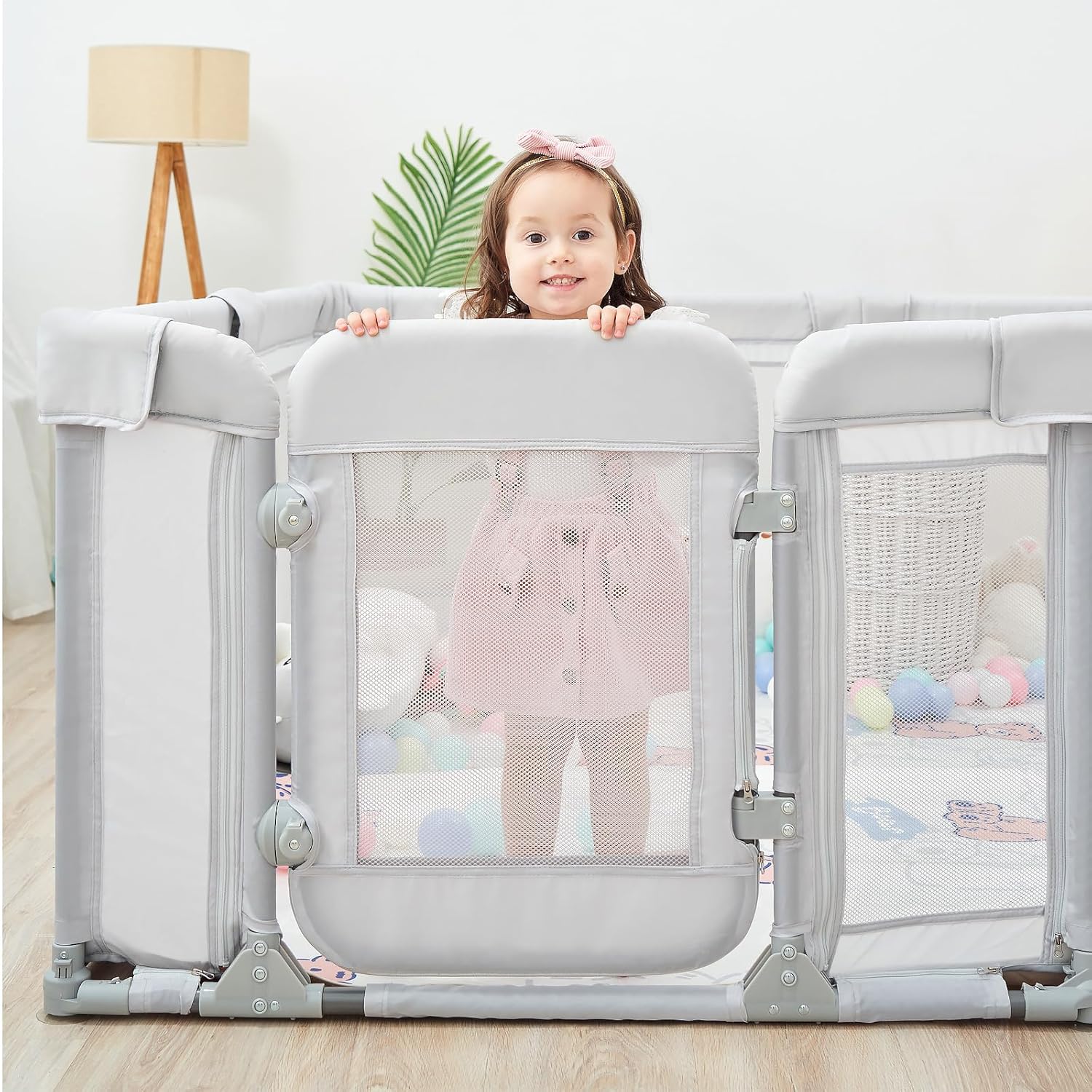 Sweeby Foldable Baby Playpen - Extra Large 79x71 Play Yard with Door & Mat | Light Grey