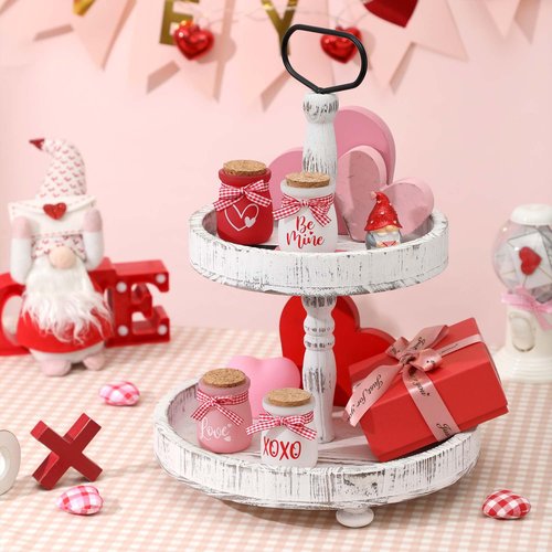 4 Pcs Valentines Day Tiered Tray Decor, Mini Mason Jars for Valentines Table Decor, Valentines Gift for Women, Small Valentines Day Decorations for Home, Office, Tiered Tray, Desk, Shelves