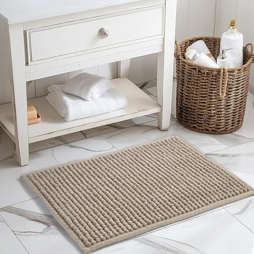 FRESHMINT Thick Chunky Chenille Bath Rug - Non-Slip, Soft & Water Absorbent | 17"x24", Beige