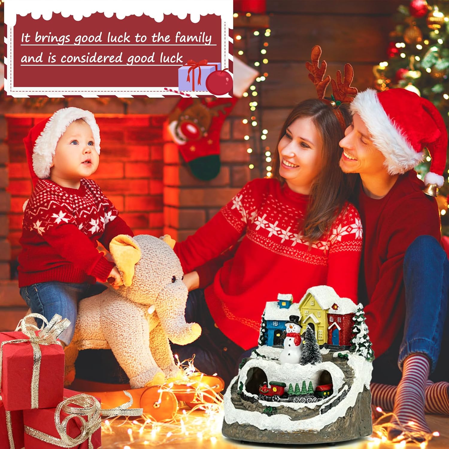 MXwcy Christmas Village House - Moving Train & Music, Lighted Snowman Figurine with 8 Holiday Songs, LED Lights