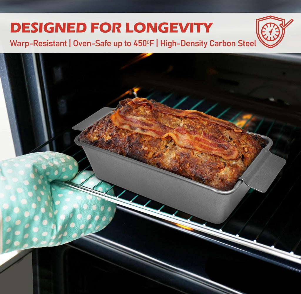 PERLLI Nonstick Meat Loaf Pan with Drip Tray - 9.8 x 5.7 In. High-Carbon Steel, BPA-Free for Baking & Roasting
