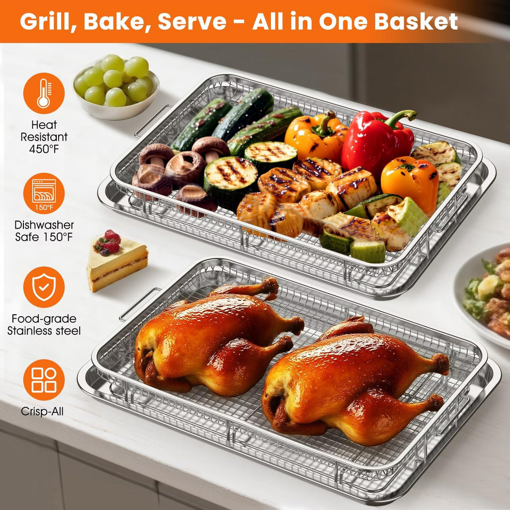Xumilas Extra Large Air Fryer Basket for Oven, 18.7"x12.8" Stainless Steel Baking Pan & Crisper Tray, Fits Whole Chicken, Commercial-Grade Oven Air Fryer with 30 Parchment Papers, Dishwasher Safe
