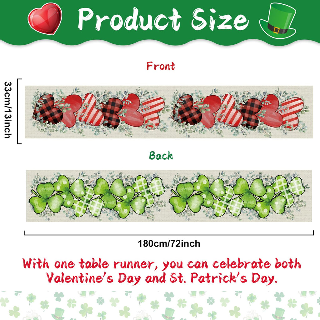 St. Patrick's Day Linen Table Runner Valentine's Day Table Runner Eucalyptus Hearts Lucky Shamrock Tables Decoration for Dinning Kitchen Home Party Decoration Supplies (13 x 72Inch)