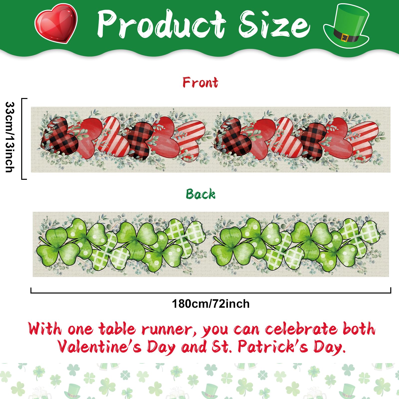 St. Patrick's Day Linen Table Runner Valentine's Day Table Runner Eucalyptus Hearts Lucky Shamrock Tables Decoration for Dinning Kitchen Home Party Decoration Supplies (13 x 72Inch)