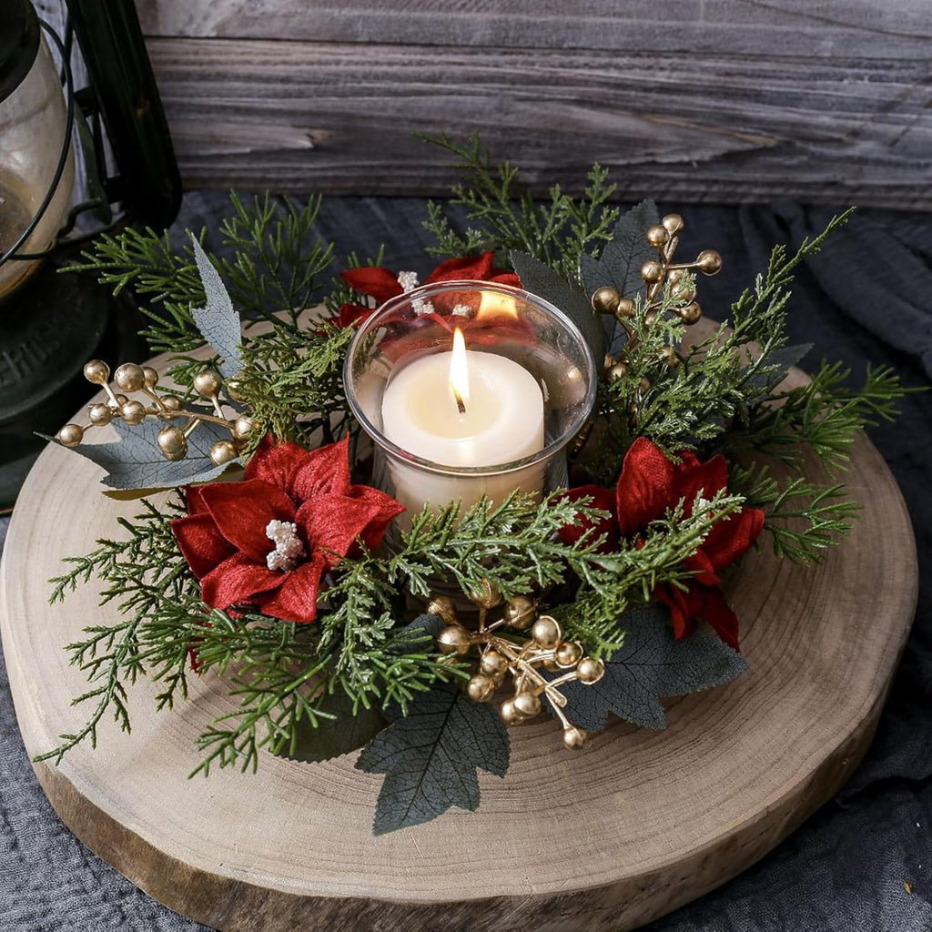 Skiennix Christmas Candle Rings - Elegant Artificial Flower & Gold Berries Holders | 2-Piece Set for Winter Decor