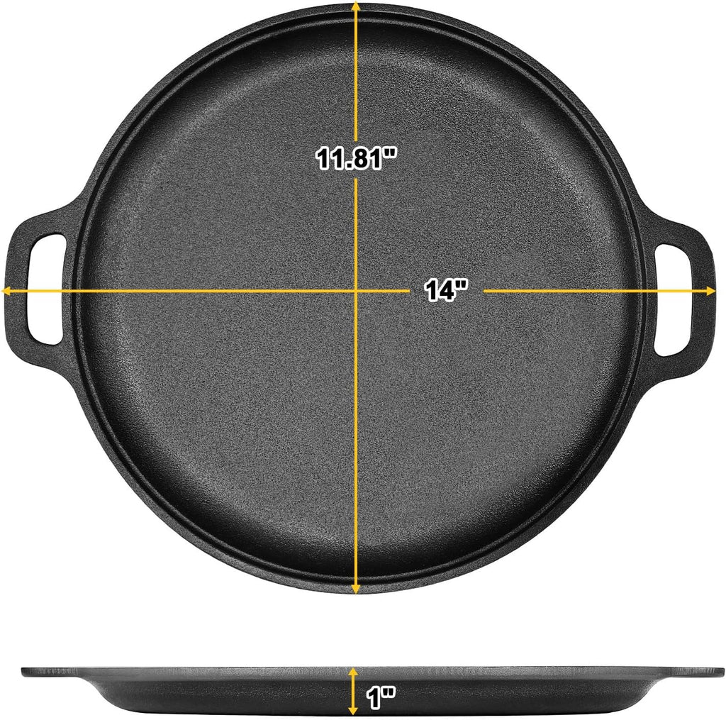 Skiennix 13.8 Inch Cast Iron Pizza Pan - Heavy-Duty Round Comal for Even Heating | Oven, Grill & Campfire Use