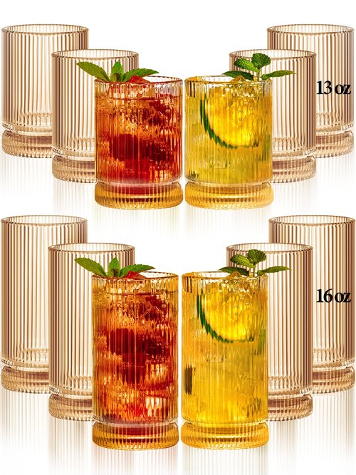 megarte Ribbed Glassware Vintage Drinking Glasses 12Pcs Set （6 Highball Glasses 16Oz And 6 Rocks Glasses 13Oz） Amber Ribbed Glass Cups For Iced Coffee, Cocktails, Juice, Beer, Everyday Drinking