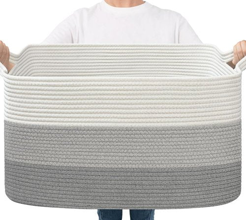 Goodpick Storage Basket - Large Woven Blanket Organizer | 21.6" x 14.9" x 11.8" | Gray Rope Design