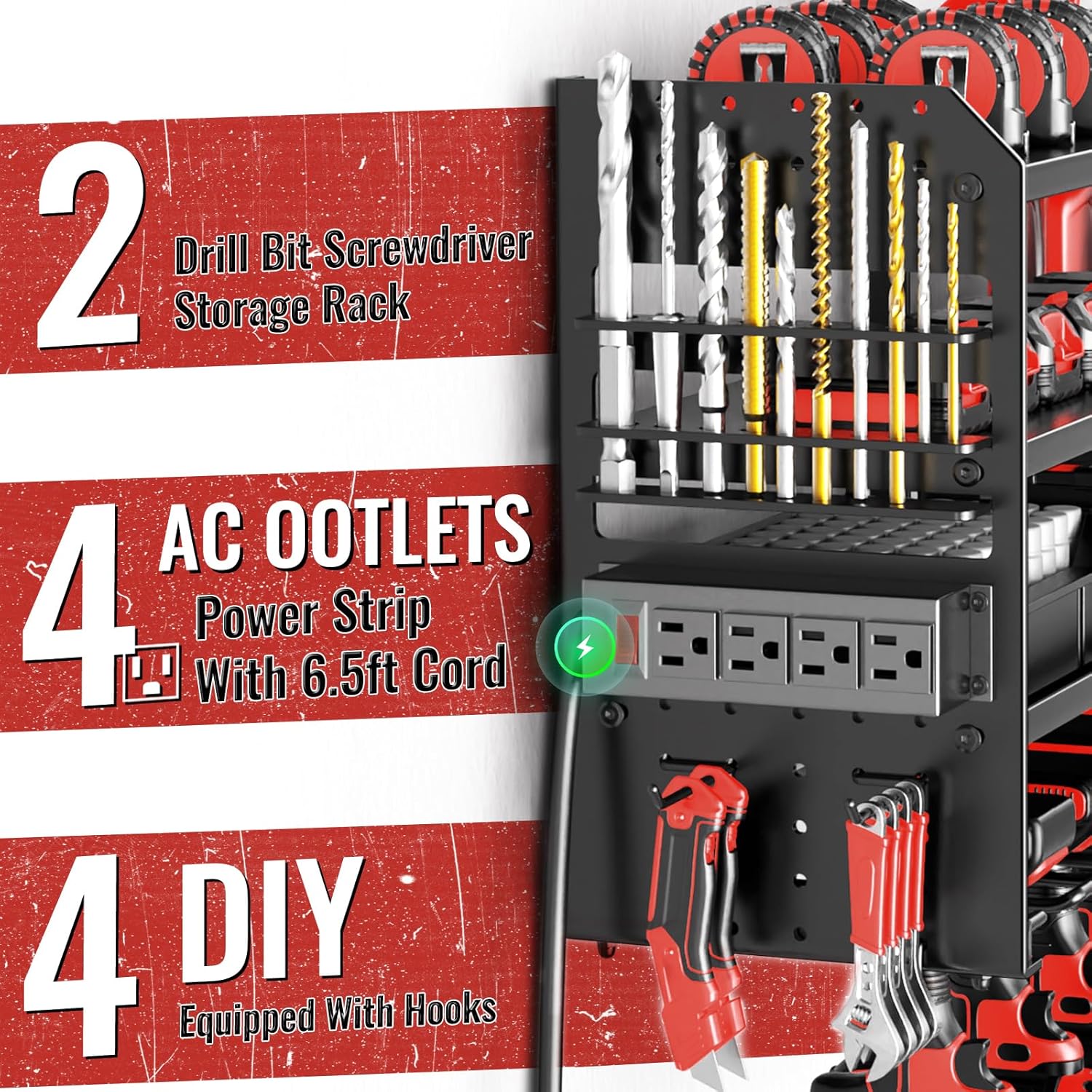 Skiennix Large Power Tool Organizer - Heavy Duty Wall Mount with Charging Station | 4 Layers, 8 Drill Holders, Black