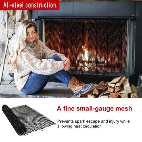 Fireplace Mesh Screen Curtain Kit with Adjustable Fireplace Curtain Rod, Adjustable Fireplace Screen Panels 22" H × 27.5" W Black Matte