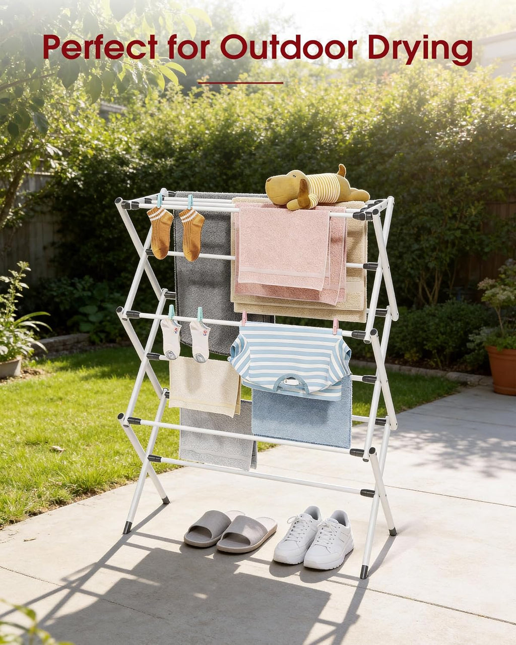Sakugi Foldable Clothes Drying Rack - Space-Saving 3-Tier Metal Laundry Rack for Indoor & Outdoor Use | 11.4"D x 29.1"W x 37.4"H, White & Black