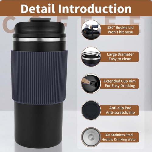 Disoza 16 Oz Travel Mug - Black Insulated Stainless Steel Coffee Mug for Hot & Iced Drinks