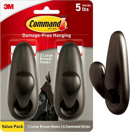 Command 5 lb Large Oil Rubbed Bronze Coat Hooks - Damage-Free Adhesive Strips for Home Decor | 2 Hooks Included
