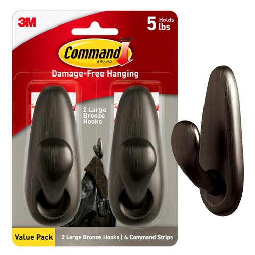 Command 5 lb Large Oil Rubbed Bronze Metal Hooks, 2 Coat Hooks and 4 Strips, Damage-Free Hanging with Adhesive, Forever Classic Great for Hanging Home and Room Decor