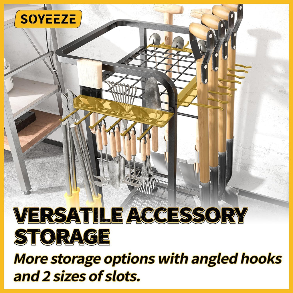 SOYEEZE Garden Tool Organizer - Heavy-Duty 3-Tier Tool Rack with Large Wheels | Holds 35 Tools, 12 Hooks