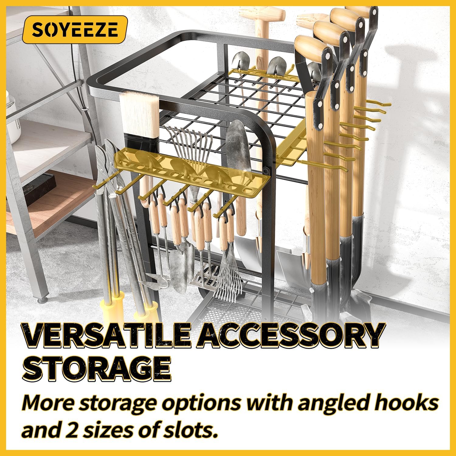 SOYEEZE Garden Tool Organizer - Heavy-Duty 3-Tier Tool Rack with Large Wheels | Holds 35 Tools, 12 Hooks