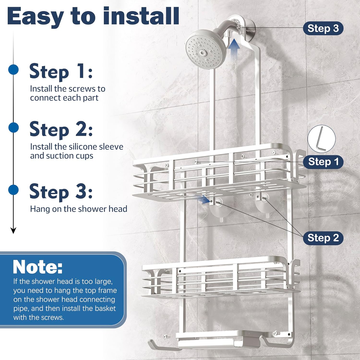 Never Rust Aluminum Shower Caddy by [Brand Name] - Over Showerhead Organizer with Hooks & Soap Holder | Silver