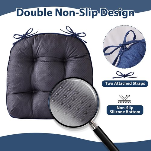 IASEAHK Chair Cushions for Dining Chairs, Seat Cushions for Kitchen Chairs, Indoor Seat Cushions with Ties, Tufted Foam Chair Pads, Non Slip Chair Cushions Set of 4, 15.5" x 15.5" x 4", Navy Blue