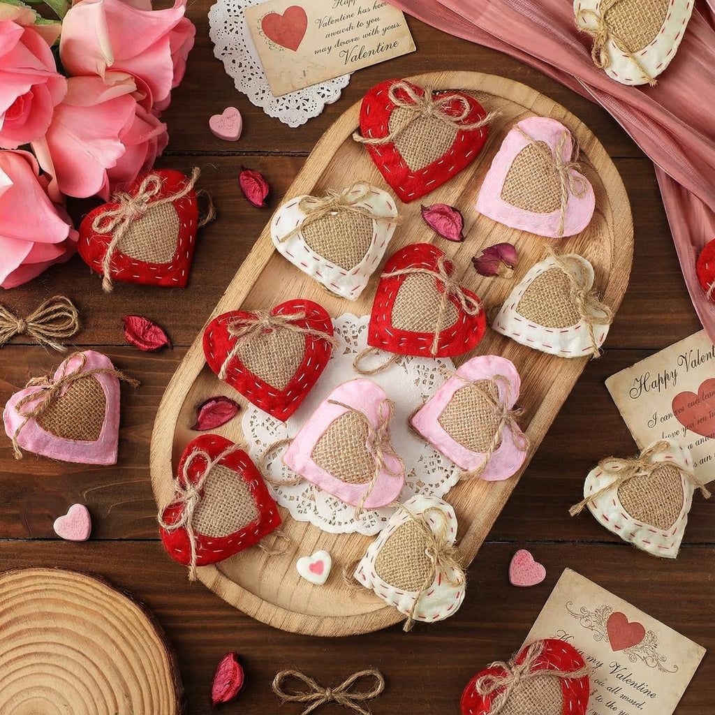 Vercraft 24 Pcs Neutral Valentine's Day Ornaments Felt Heart Ornament White Red Pink Stuffed Heart Bowl Vase Fillers Rustic Farmhouse Barn Style Valentines Day Decor for Tree Home Table Party Decor