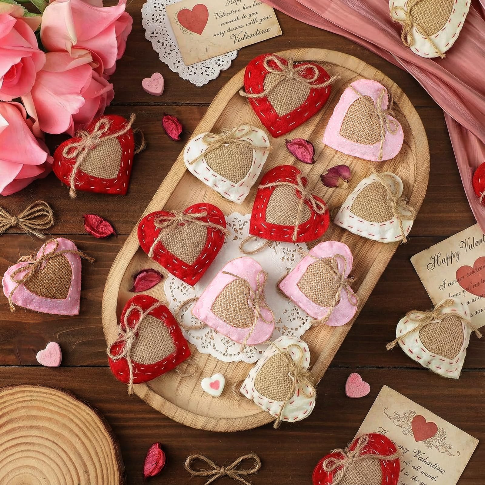 Vercraft 24 Pcs Neutral Valentine's Day Ornaments Felt Heart Ornament White Red Pink Stuffed Heart Bowl Vase Fillers Rustic Farmhouse Barn Style Valentines Day Decor for Tree Home Table Party Decor