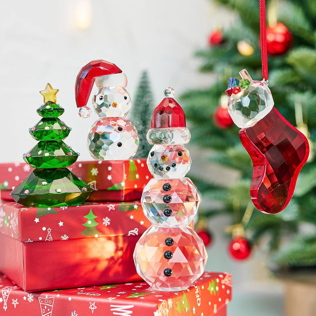 QFkris Crystal Snowman & Tree Figurines Set - Elegant Christmas Decor | Small Glass Paperweights