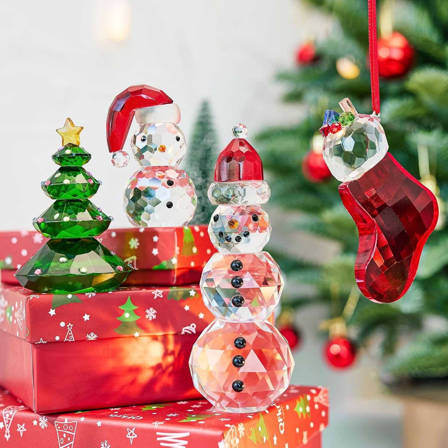 QFkris Crystal Snowman & Tree Figurines Set - Elegant Christmas Decor | Small Glass Paperweights