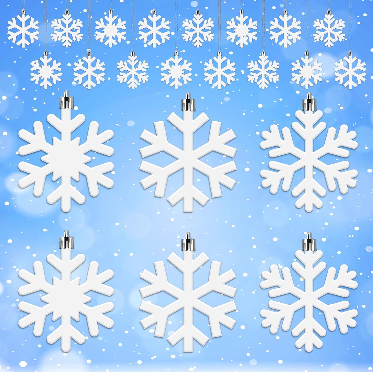 Skiennix 24 Pcs Snowflake Hanging Ornaments - White Plastic Decorations for Christmas Trees & Winter Parties