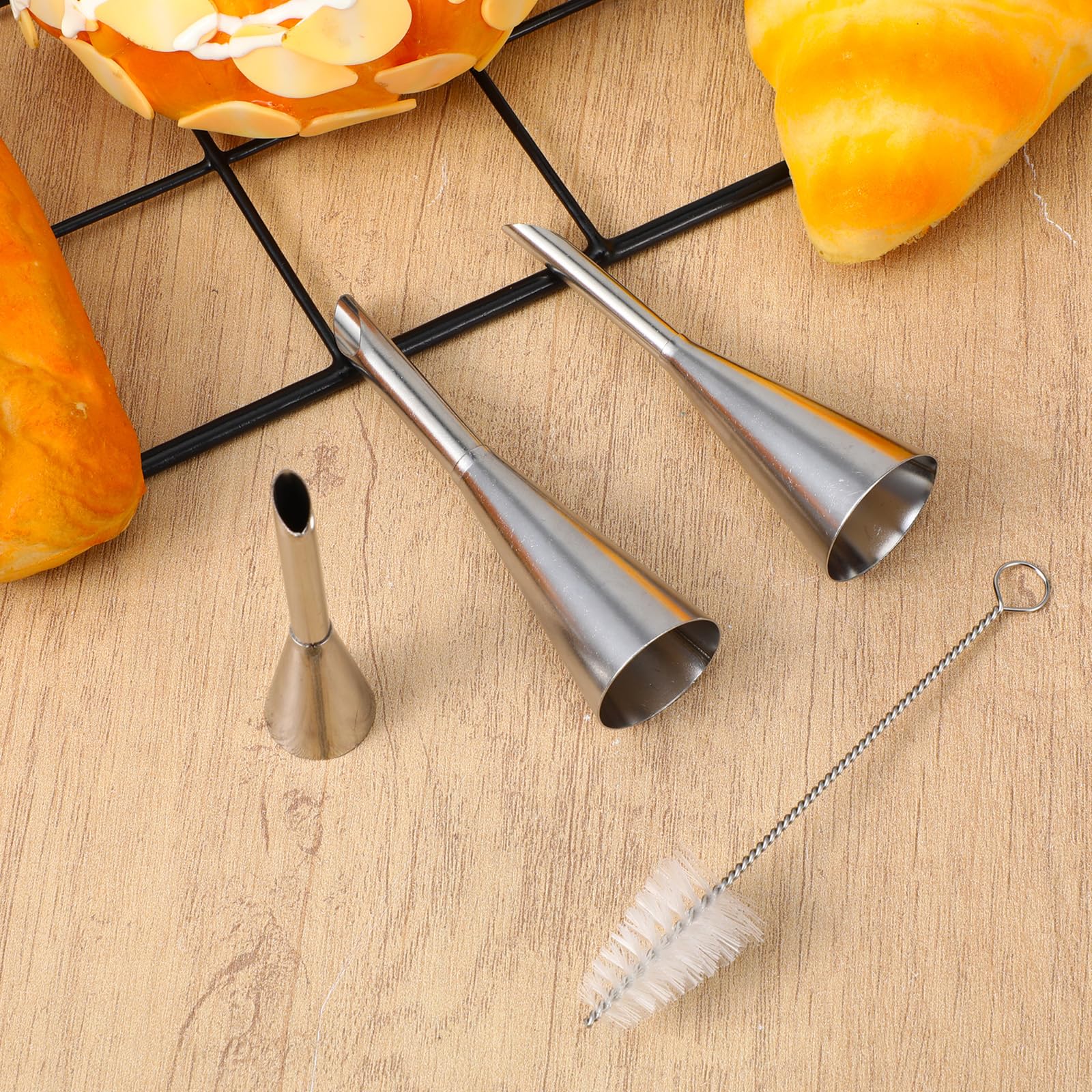 Wanmu Cream Filling Piping Tip, 3PCS Long Puff Nozzle Tips with 50 Disposable Pastry Piping Bags & Injector Tip Cleaning Brush for Donuts, Cupcakes, Cream Puffs