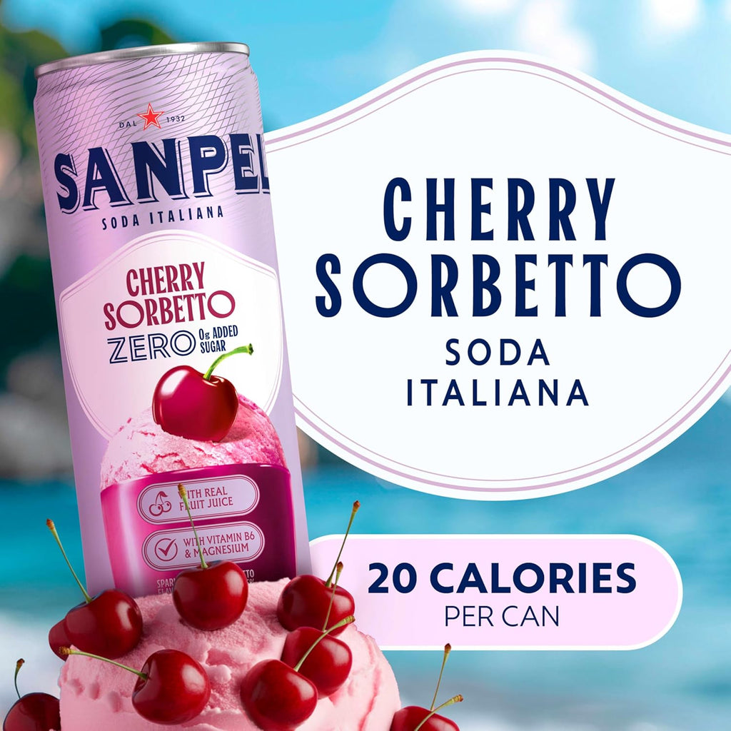 Sanpellegrino Cherry Sorbetto Sparkling Soda - 0g Added Sugar, Real Fruit Juice | 24-Pack