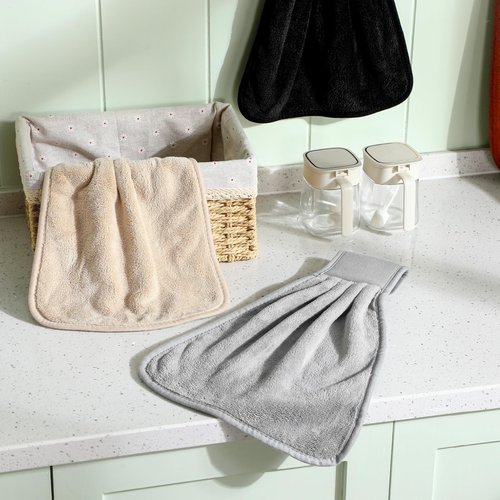 Breling 6 Pcs Kitchen Hanging Towel with Hanging Loop Absorbent Coral Fleece Kitchen Tie Towels Rustic Bathroom Dish Cloth Soft Thick Dry Cleaning Hand Dishcloths for Home Bathroom Cooking(Classic)