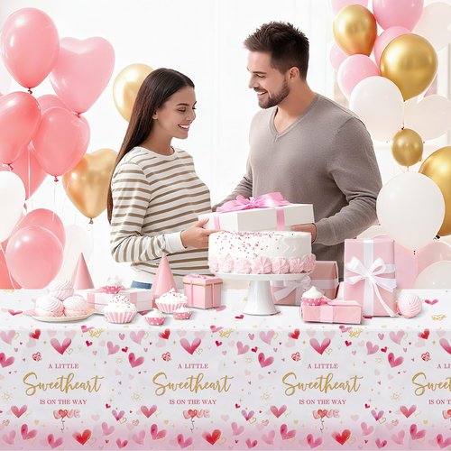 MEHOFOND 3pcs Valentine's Day Baby Shower Tablecloth for Girl, Disposable Plastic A Little Sweetheart is On The Way Pink Heart Table Cloth Rectangle 54x108 inch, Table Cover for Baby Shower Decor