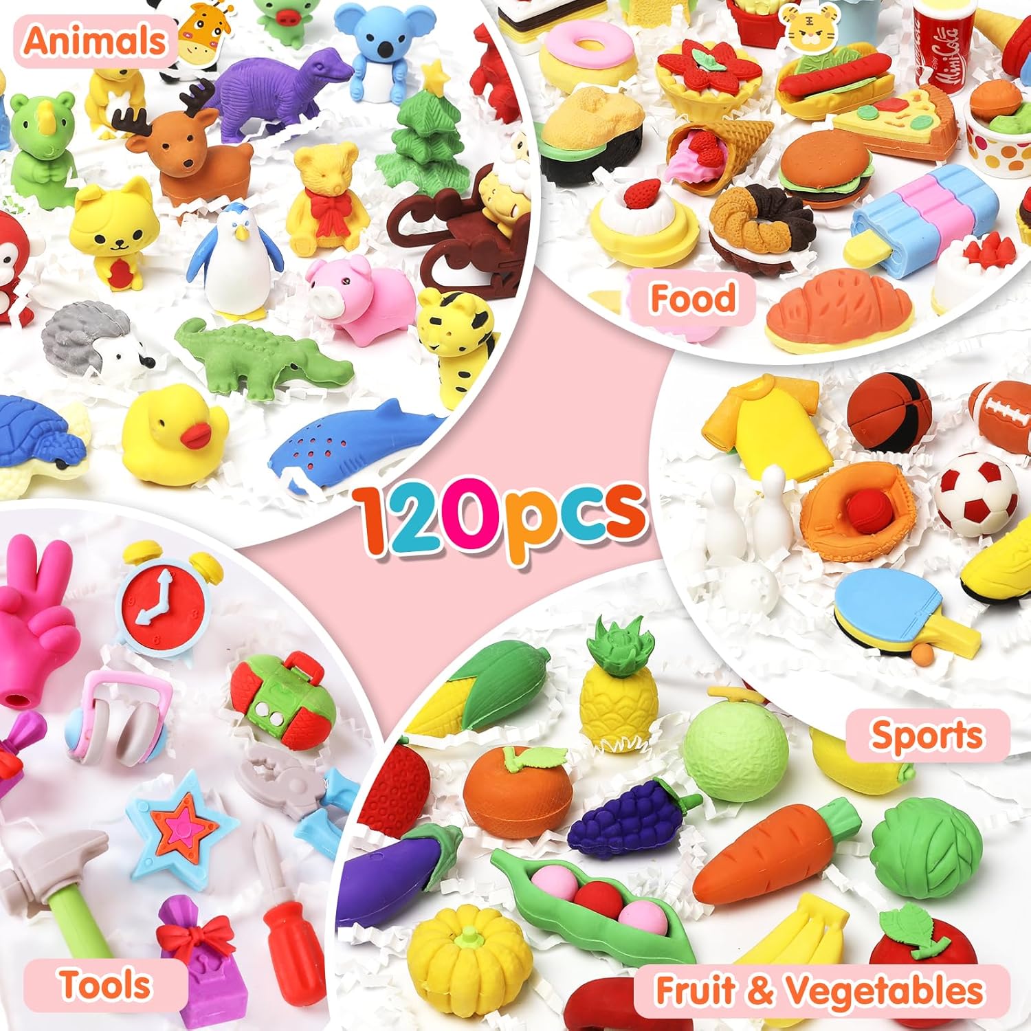 Moosia 120 Pack Animal Pencil Erasers - 3D Mini Puzzle Desk Pets & Party Favors for Kids