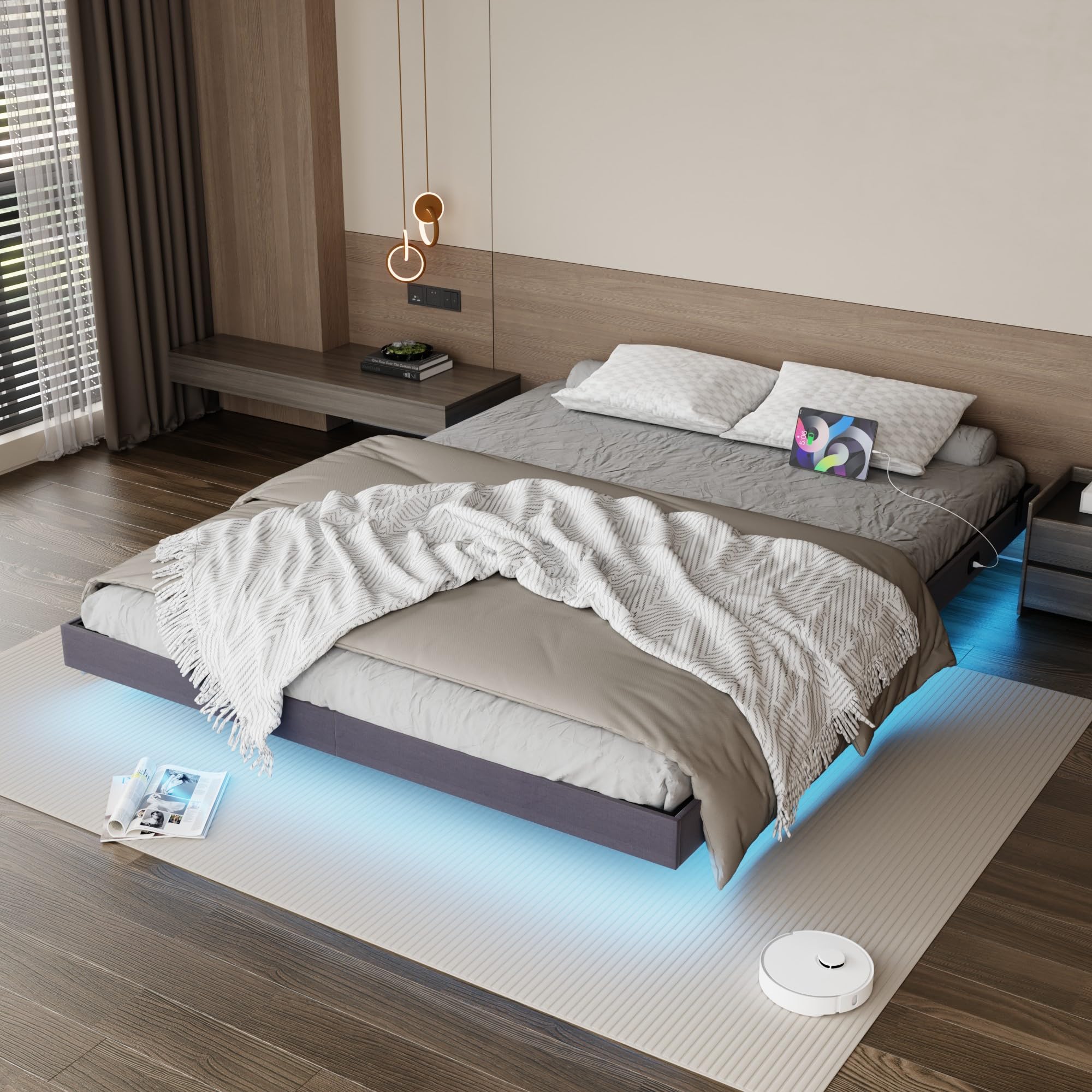 Muluflower Floating Bed Frame Full Size with LED Lights and Charging Station, Grey Linen Metal Platform Bed Frame, Easy Assembly, No Box Spring Needed (Full)