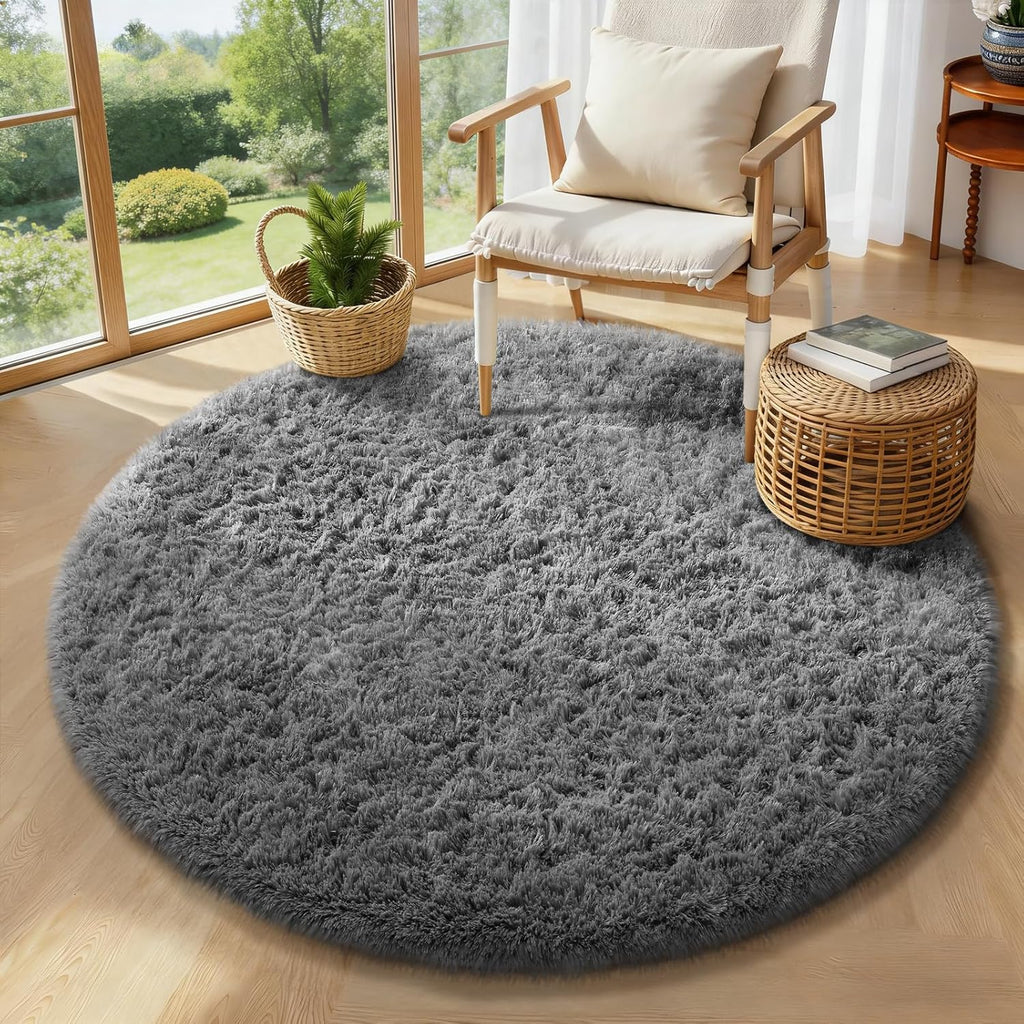 Ophanie Round Rug - 4Ft Grey Circle Area Rug | Fluffy Plush Shag Carpet for Bedroom & Nursery