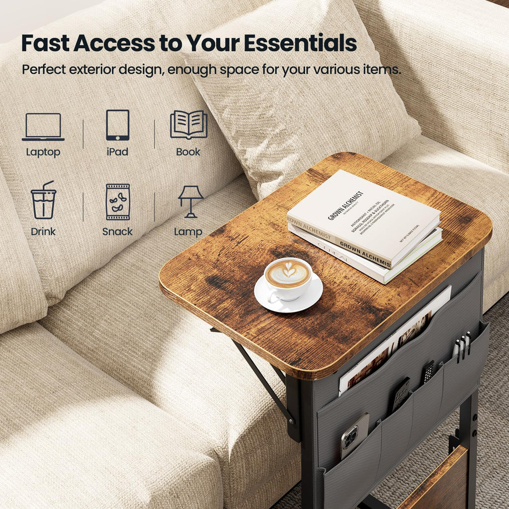 HLDIRECT C Shaped End Table with Charging Station, Couch Side Table with Storage Bag, Foldable TV Tray with 2 USB Ports and Outlets for Living Room, Bedroom, Rustic Brown